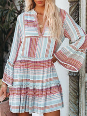 Casual Polyester Long Sleeve V-Neck Shift Mini Dress