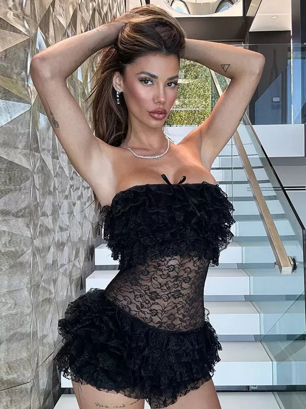Casual Polyester Sleeveless Strapless Lace Jumpsuit