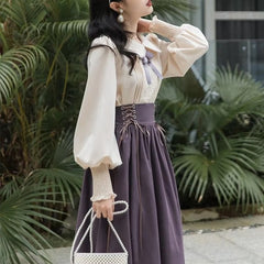 Casual Preppy Style High Waist Lace-up Pleated Shirt And Long Skirt