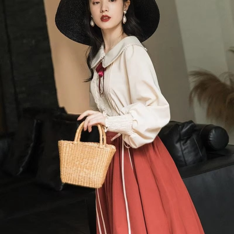 Casual Preppy Style High Waist Lace-up Pleated Shirt And Long Skirt