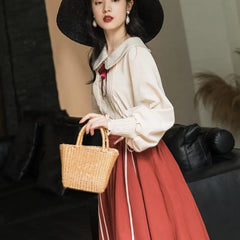 Casual Preppy Style High Waist Lace-up Pleated Shirt And Long Skirt