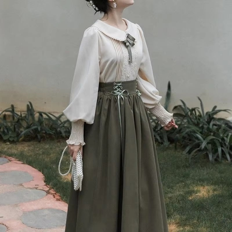 Casual Preppy Style High Waist Lace-up Pleated Shirt And Long Skirt