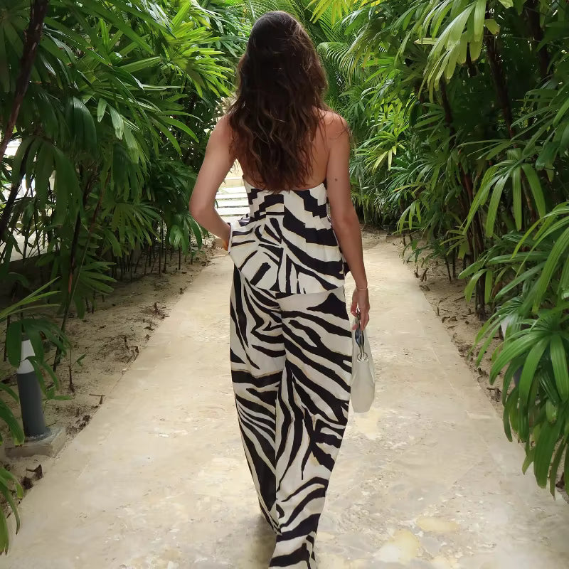 Casual Print Halter Backless Button Tops And Wide Leg Pants 2 Piece Suit