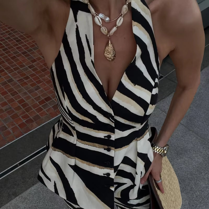 Casual Print Halter Backless Button Tops And Wide Leg Pants 2 Piece Suit