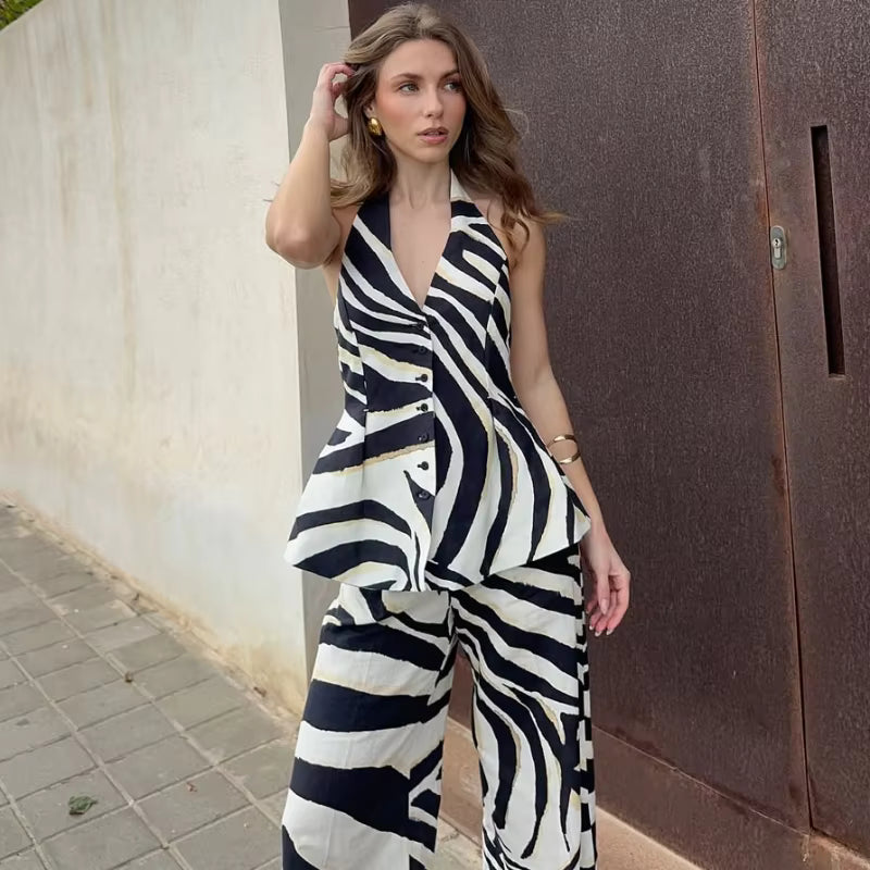 Casual Print Halter Backless Button Tops And Wide Leg Pants 2 Piece Suit