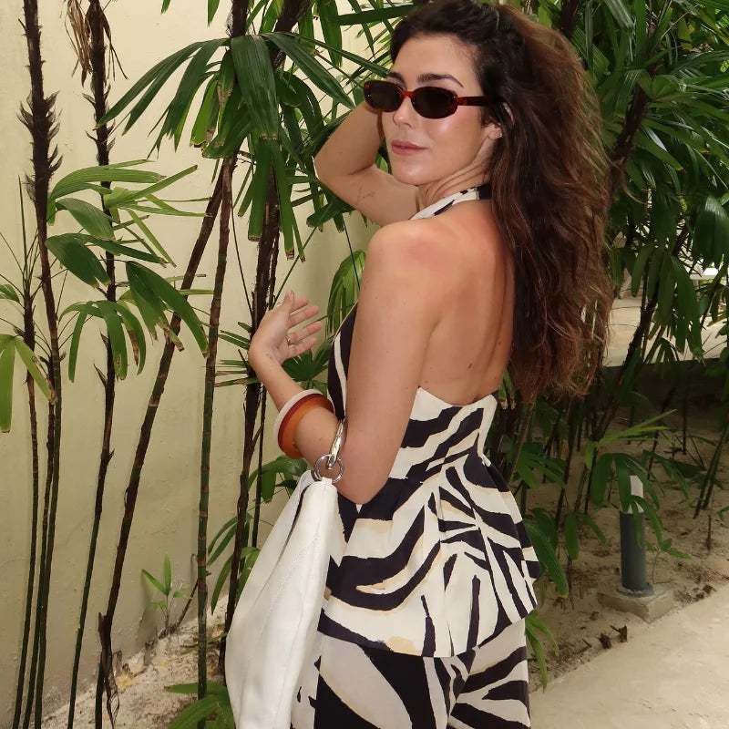 Casual Print Halter Vest Sleeveless Backless Button Tops High Waist Wide Leg Pant