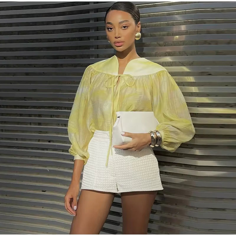 Casual Print Lace Up Shirts Chic V-neck Lantern Sleeve Blouses Tops Two Piece Set