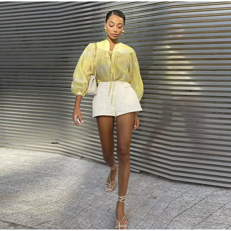 Casual Print Lace Up Shirts Chic V-neck Lantern Sleeve Blouses Tops Two Piece Set