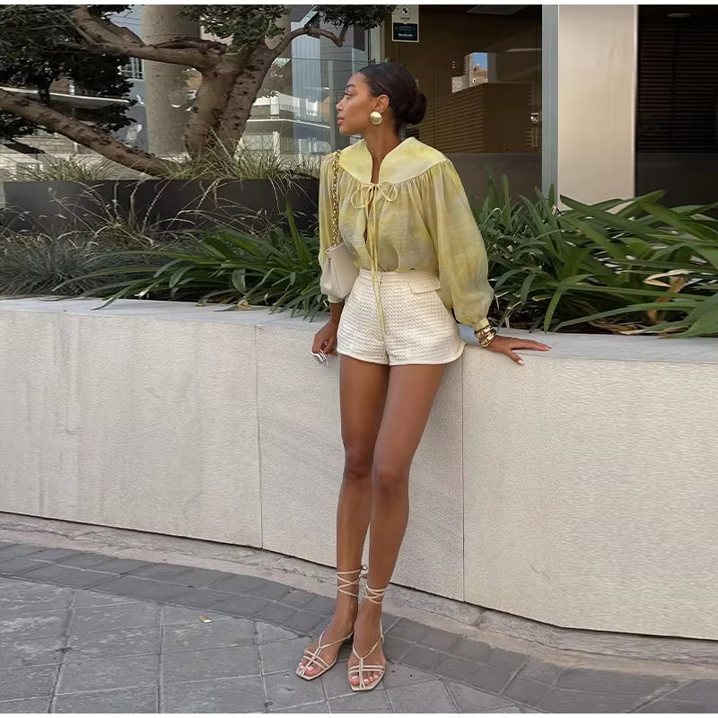 Casual Print Lace Up Shirts Chic V-neck Lantern Sleeve Blouses Tops Two Piece Set