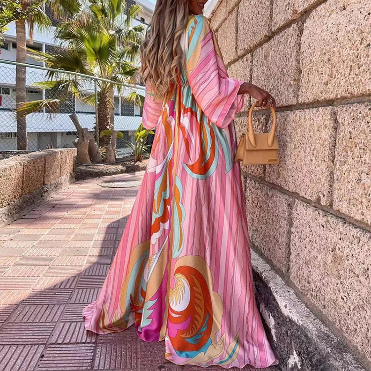 Casual Print Oversized Holiday Beach Boho Long Cover-Up Dress