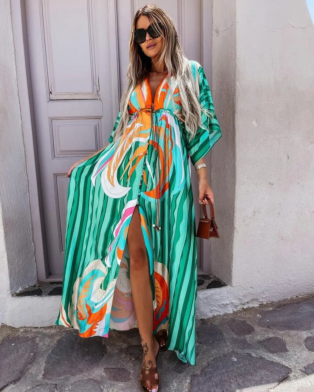 Casual Print Oversized Holiday Beach Boho Long Cover-Up Dress