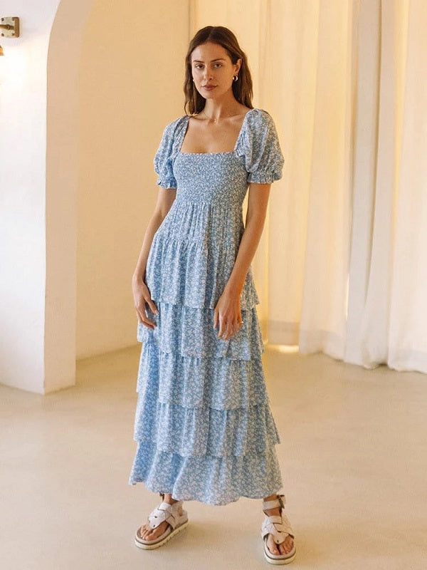 Casual Print Short Sleeve Floral Long Dress