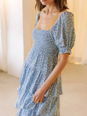 Casual Print Short Sleeve Floral Long Dress