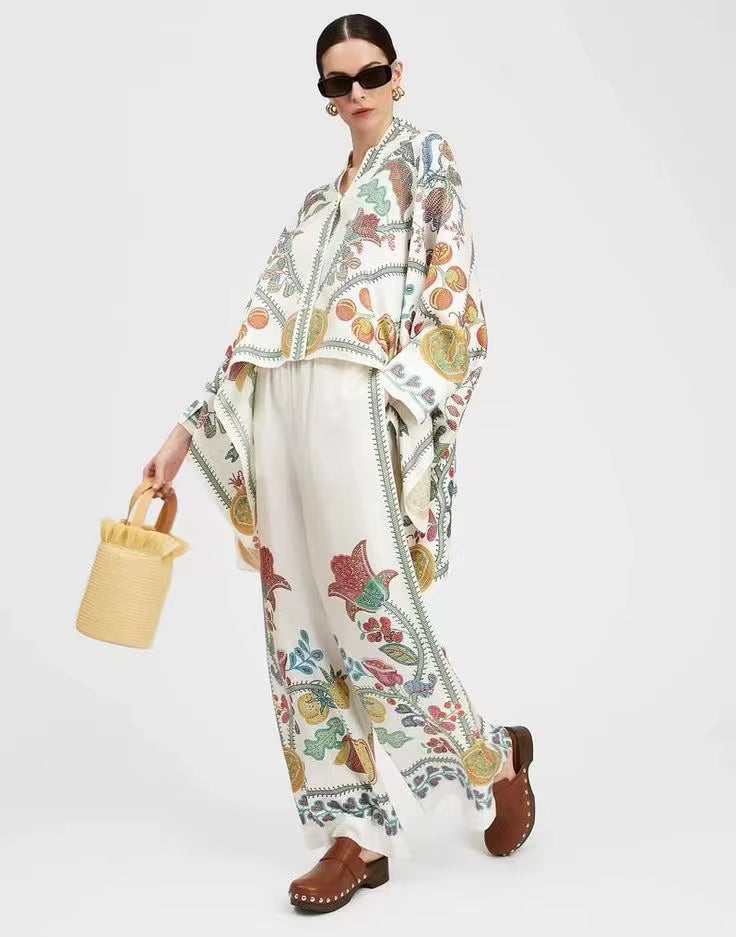 Casual Print Wide Leg Pants Loose Long Sleeve Shirt Two Piece Set