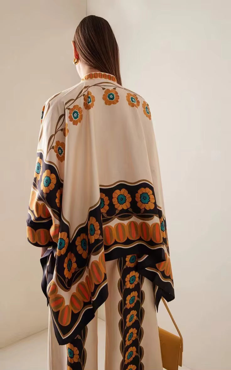 Vintage Print Wide Leg Pants Loose Long Sleeve Shirt Two Piece Set