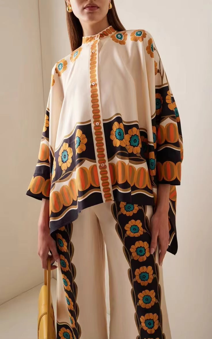 Vintage Print Wide Leg Pants Loose Long Sleeve Shirt Two Piece Set