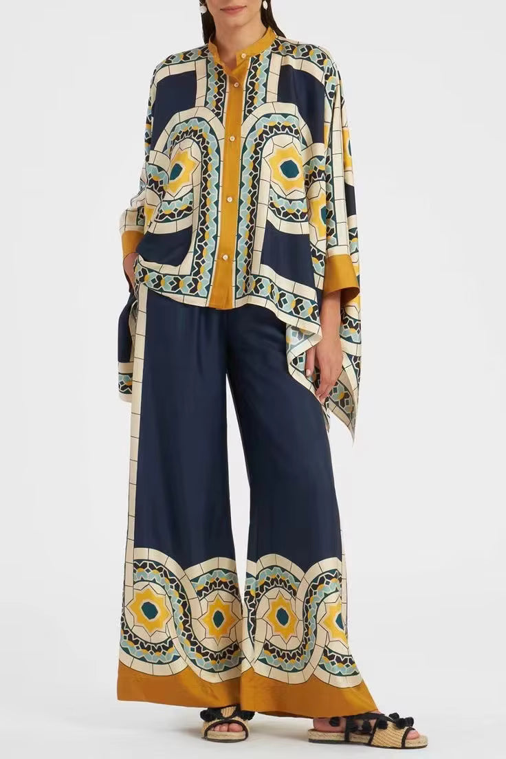 Casual Print Wide Leg Pants Loose Long Sleeve Shirt Two Piece Set