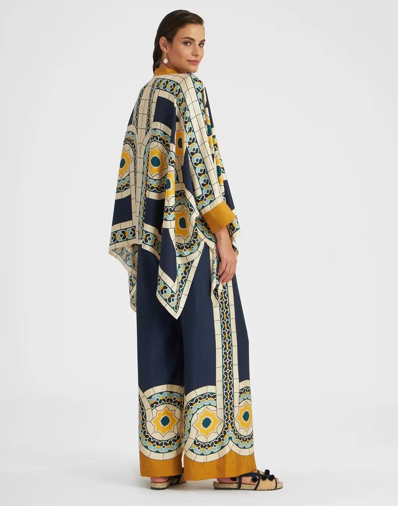 Casual Print Wide Leg Pants Loose Long Sleeve Shirt Two Piece Set