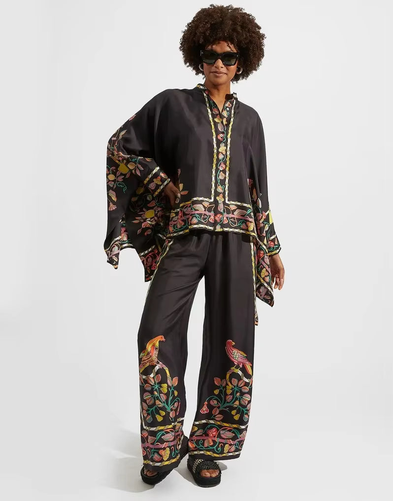 Vintage Print Wide Leg Pants Loose Long Sleeve Shirt Two Piece Set