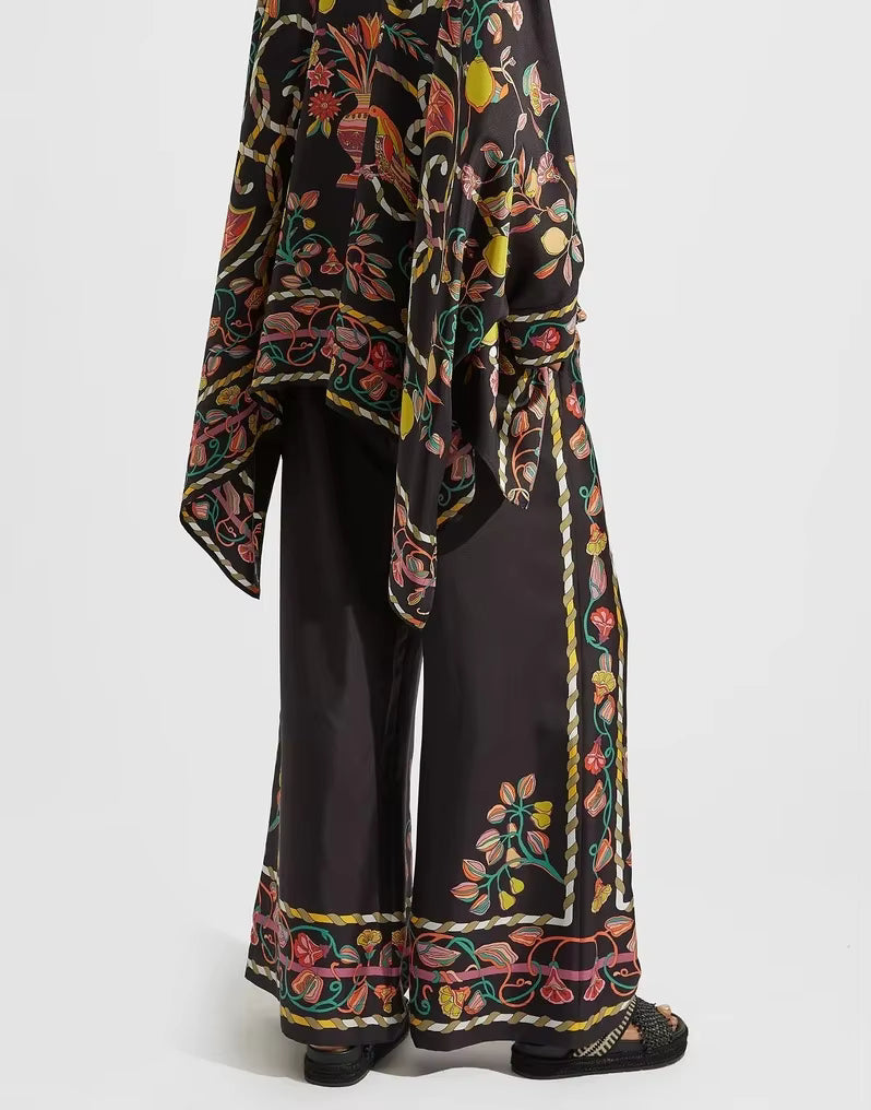 Vintage Print Wide Leg Pants Loose Long Sleeve Shirt Two Piece Set