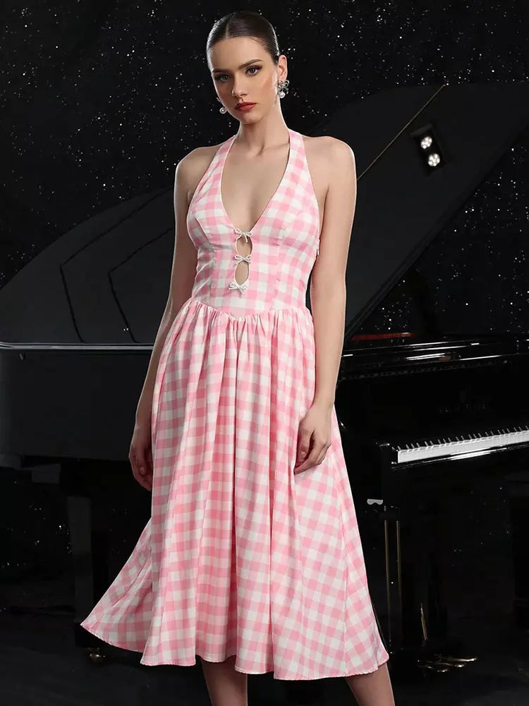 Casual Printed Check V-Neck With Halter Neck And Shirred Back Midi Dress