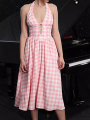 Casual Printed Check V-Neck With Halter Neck And Shirred Back Midi Dress