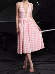 Casual Printed Check V-Neck With Halter Neck And Shirred Back Midi Dress