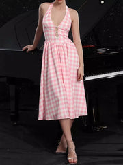 Casual Printed Check V-Neck With Halter Neck And Shirred Back Midi Dress