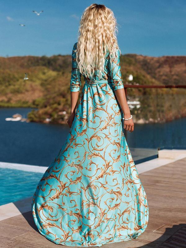Casual Printed Half Sleeves Split Floor Length Wrap Maxi Dress