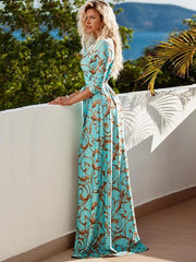 Casual Printed Half Sleeves Split Floor Length Wrap Maxi Dress