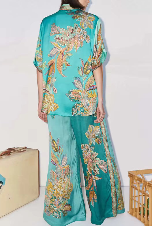 Casual Printed Long Sleeve Shirt Lapel Button Wide-leg Trousers 2 Piece Set