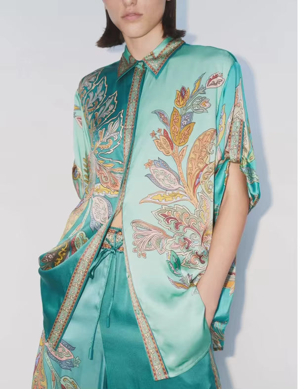 Casual Printed Long Sleeve Shirt Lapel Button Wide-leg Trousers 2 Piece Set