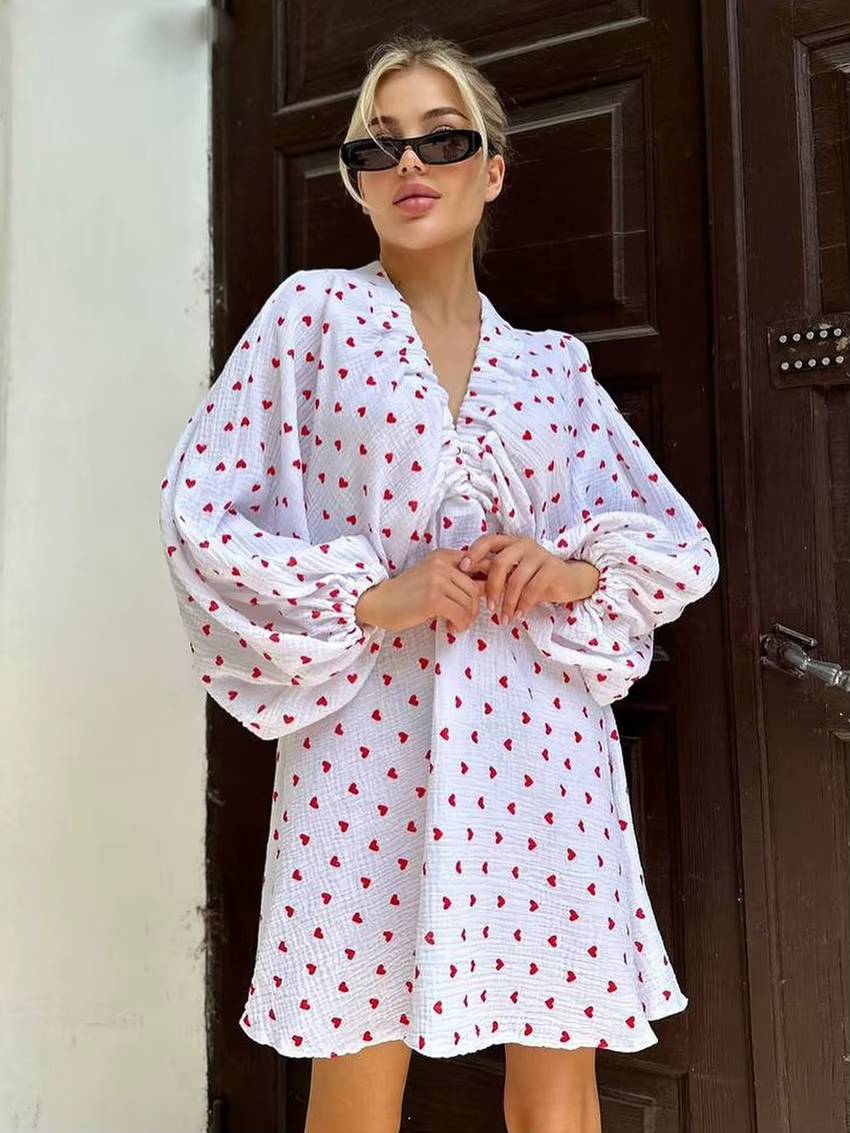 Casual Printed Loose Cotton V-Neck Long Sleeve Mini Dresse
