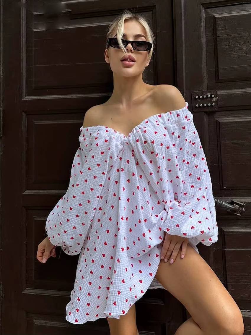 Casual Printed Loose Cotton V-Neck Long Sleeve Mini Dresse