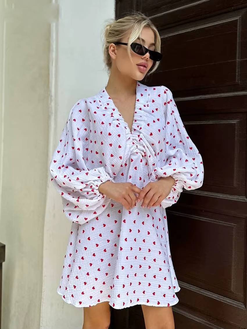 Casual Printed Loose Cotton V-Neck Long Sleeve Mini Dresse