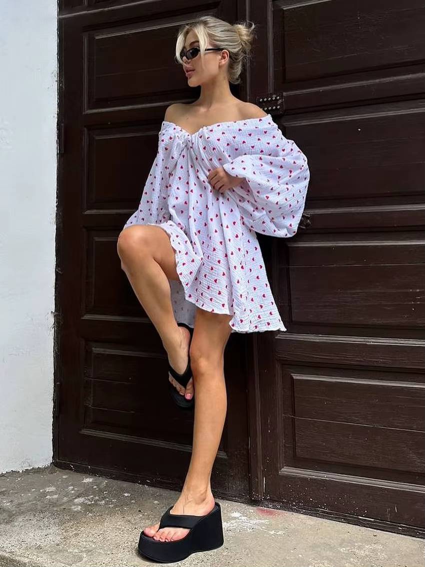 Casual Printed Loose Cotton V-Neck Long Sleeve Mini Dresse