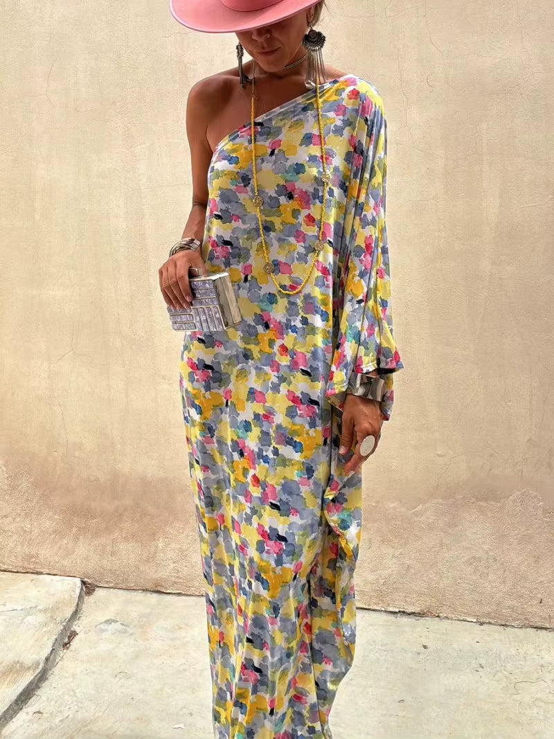Casual Printed Off Shoulder Slant Collar Bat Sleeve Loose Maxi Dress