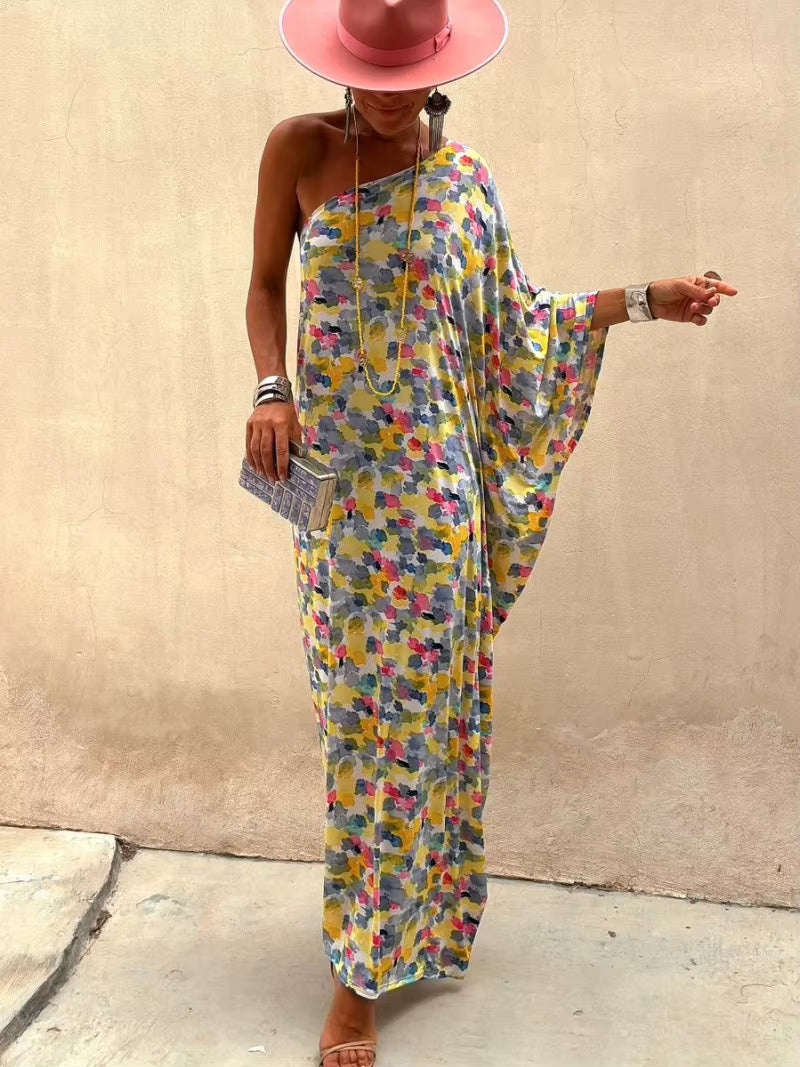 Casual Printed Off Shoulder Slant Collar Bat Sleeve Loose Maxi Dress