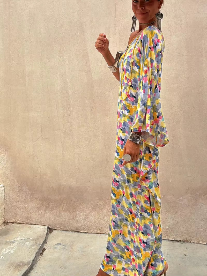 Casual Printed Off Shoulder Slant Collar Bat Sleeve Loose Maxi Dress