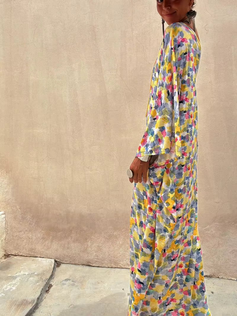 Casual Printed Off Shoulder Slant Collar Bat Sleeve Loose Maxi Dress