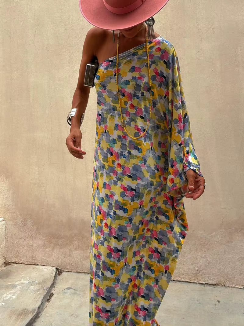Casual Printed Off Shoulder Slant Collar Bat Sleeve Loose Maxi Dress