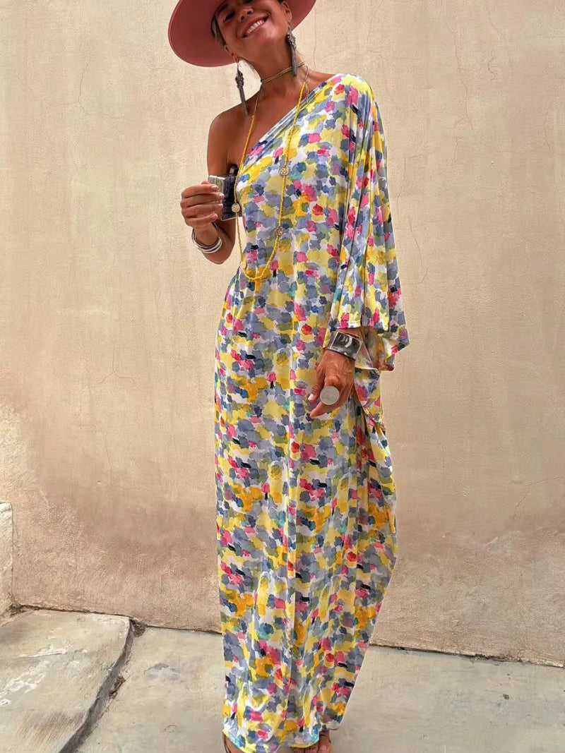 Casual Printed Off Shoulder Slant Collar Bat Sleeve Loose Maxi Dress