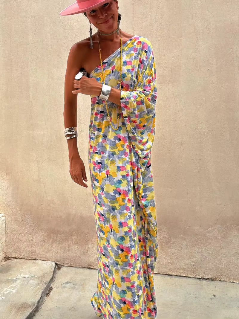 Casual Printed Off Shoulder Slant Collar Bat Sleeve Loose Maxi Dress