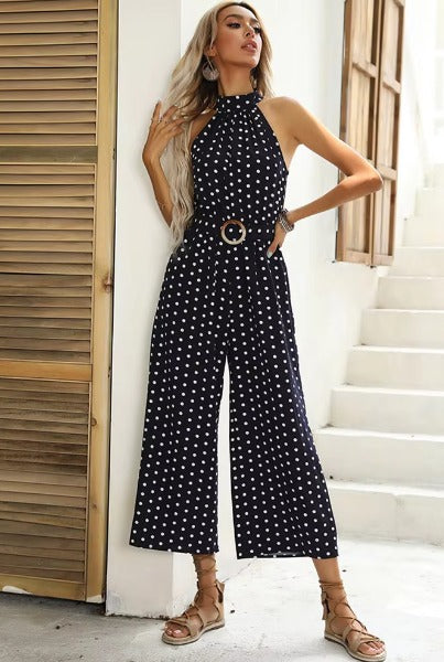 Casual Printed Polka-dot Halter Neck Sling With Belt Jumpsuit
