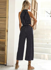 Casual Printed Polka-dot Halter Neck Sling With Belt Jumpsuit