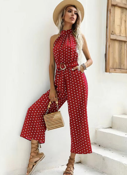 Casual Printed Polka-dot Halter Neck Sling With Belt Jumpsuit