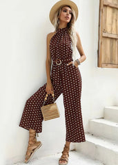 Casual Printed Polka-dot Halter Neck Sling With Belt Jumpsuit