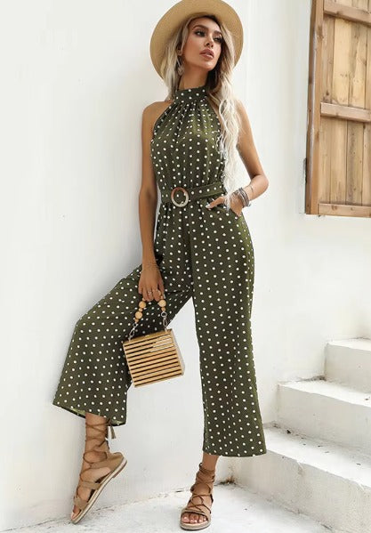 Casual Printed Polka-dot Halter Neck Sling With Belt Jumpsuit
