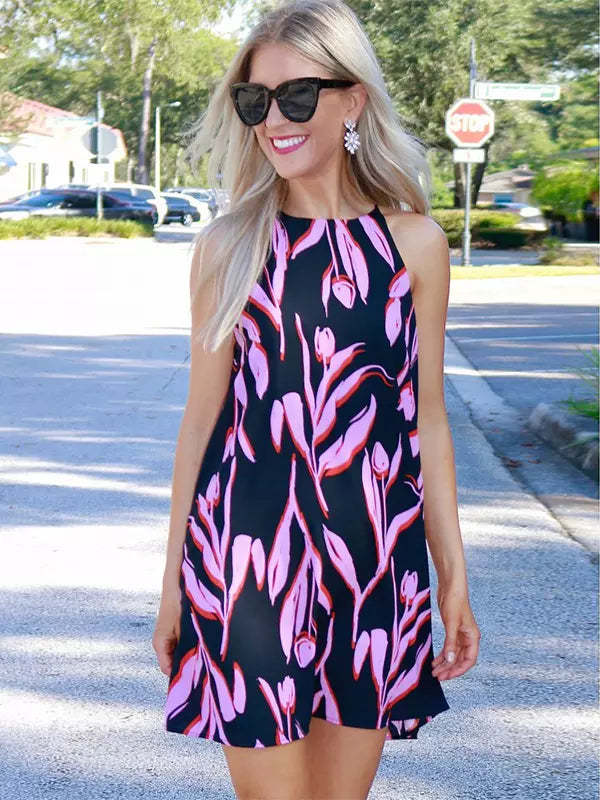 Casual Printed Polyester Shift Slip Sleeveless Mini Dress