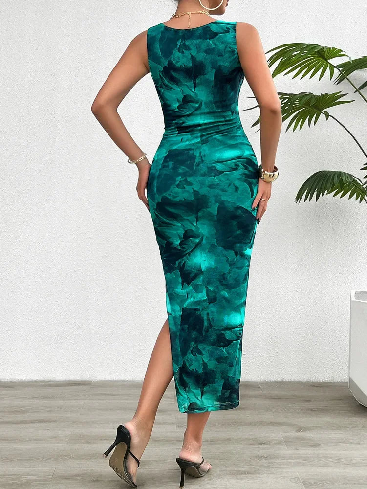 Casual Printed Round Neck Slimming With Split Bottom Sleeveless Tight Bodycon Dress